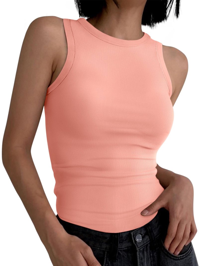ANRABESS Womens Sleeveless High Neck Tank Tops Fashion Summer Casual Basic Slim Fit Ribbed Racerback Top Shirt Clothes Coral Orange X-Small