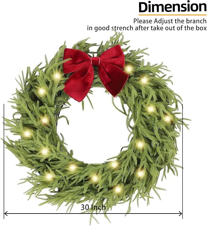 30 Inch Christmas Wreaths for Front Door with Lights,Lighted Norfolk Pine Door Wreath,Prelit Real Touch Artificial Green Winter Wreath with Large Burgundy Velvet Bow for Indoor Outdoor Decor