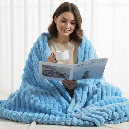 decorUhome Soft Fleece Blue Throw Blanket for Couch, Cozy Fluffy Plush Flannel Striped Blanket for Sofa Bed, Lightweight Decorative Ribbed Fuzzy Blanket for Woman, 50x60 Inches