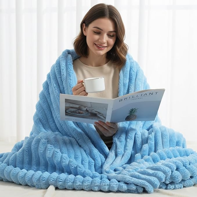 decorUhome Soft Fleece Blue Blanket Queen Size for Bed, Cozy Fluffy Plush Flannel Large Striped Throws for Couch Sofa, Lightweight Decorative Fuzzy Blanket for Woman, 90x90 Inches