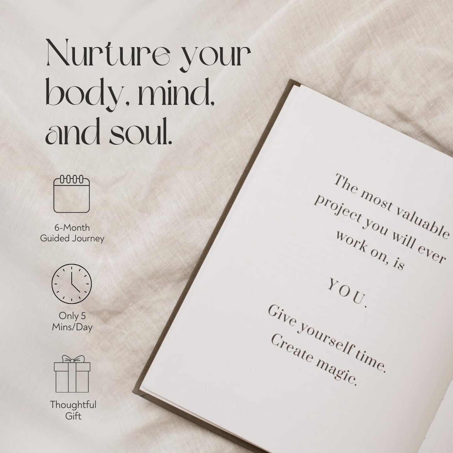 YOU – The Well-being Journal by Olive + Page – 6-Month Guided Self Care Journal with Gratitude Prompts, Daily Planner, Habit Tracker, and Reflection – Undated Wellness Journal – Linen Gold Foil Cover (Sand)