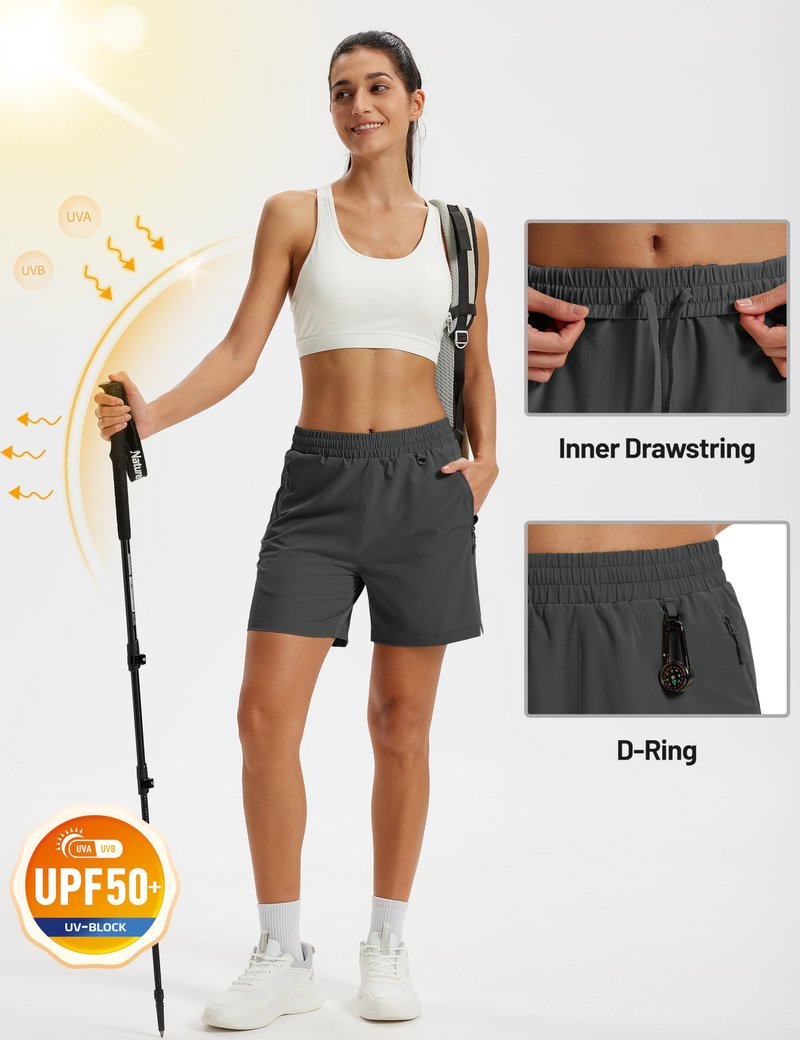 TACVASEN Women's Lightweight Hiking Shorts Quick Dry Water Resistant UPF 50+ Athletic Shorts with Pockets Drawstring Workout Casual Dark Grey L