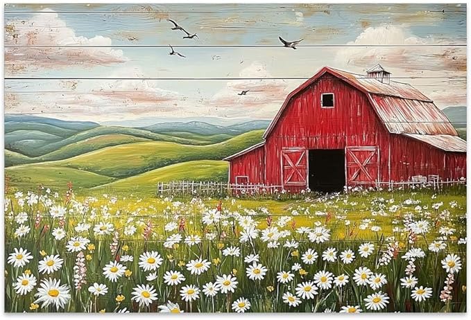 Yesad Country Red Barn Pictures, Daisy Canvas Wall Art Wildflower Meadow Poster Flower Print Rustic Farmhouse Decor Barn Painting Wall Decor Home Decoration for Living Room (Unframed,36”x24”,Barn2)