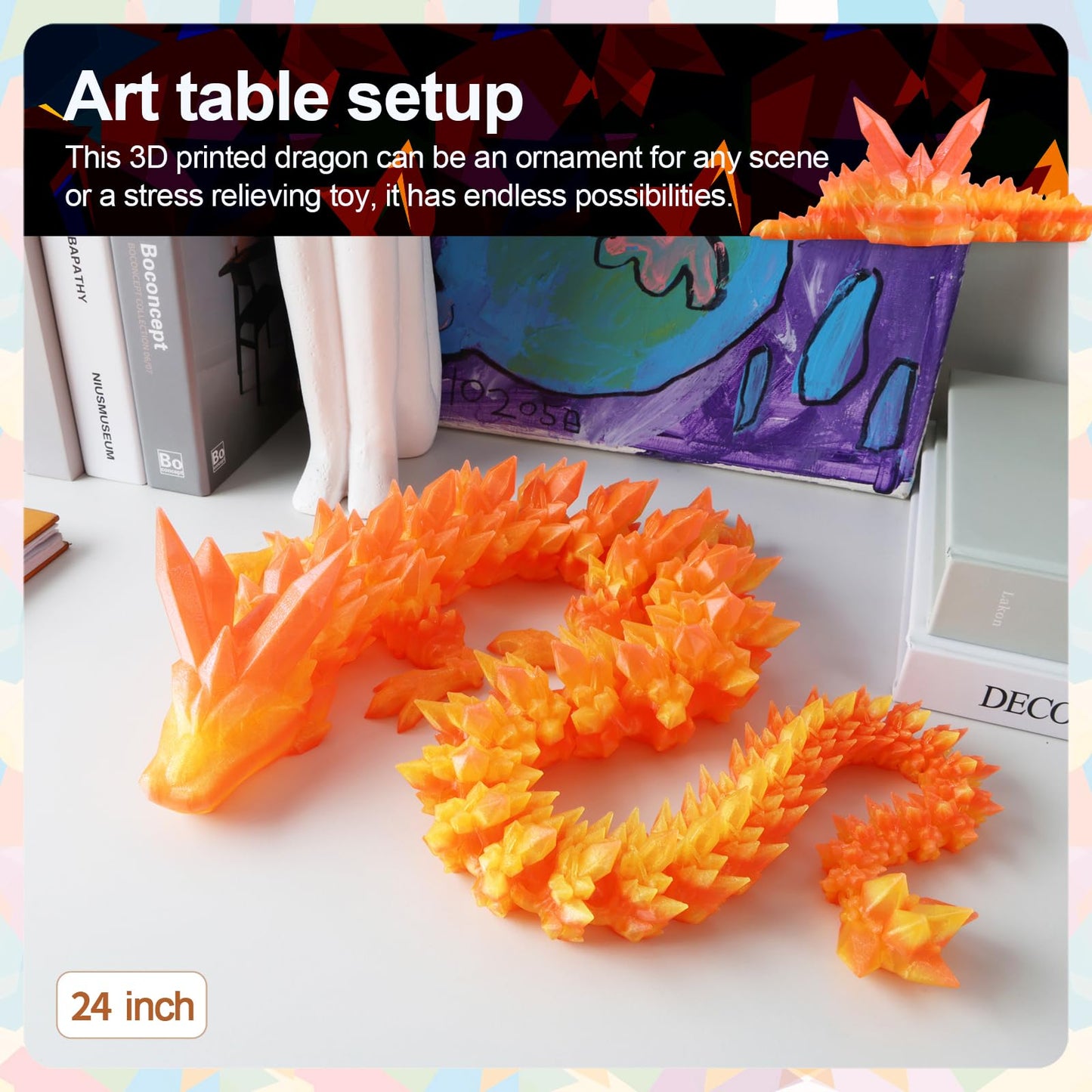 24”3D Printed Dragon Large 3D Dragon--Bigger Fidget Toy Gift for Kids, Boys, Girls & Adults,Cool Giant Crystal 3-D Printed Animals Desk Decor, Easter Basket Essentials(Flame Colour, 24inch)