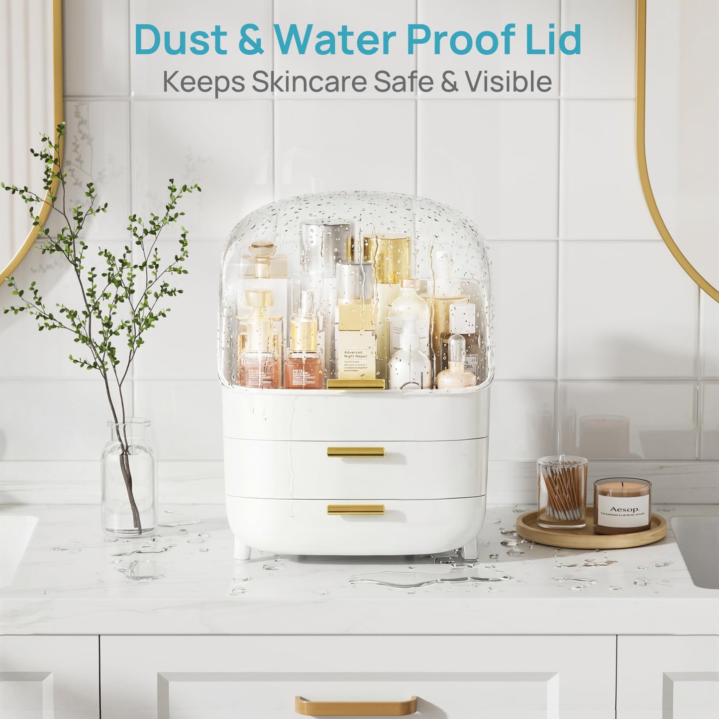 Vtopmart 3-Tier Skincare Makeup Organizer with Drawers and Lid for Vanity and Bathroom Countertop, Large Cosmetic Storage Box Case for Dresser, with Non-Slip Base