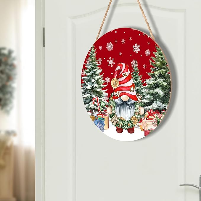 Christmas Gnome Welcome Sign for Front Door Merry Christmas Door Hanger 12”x12” Christmas Dwarf Xmas Holiday Snowflake Wooden Hanging Sign Outdoor Outside Porch Decor Winter Christmas Wreath for Home