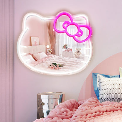 Anime Hello Kit Mirror with Light Neon Signs for Wall Decor, Dimmable for Teen Girl Gift，Makeup Mirror neon Sign Room Decor (16.1 * 14 inch)