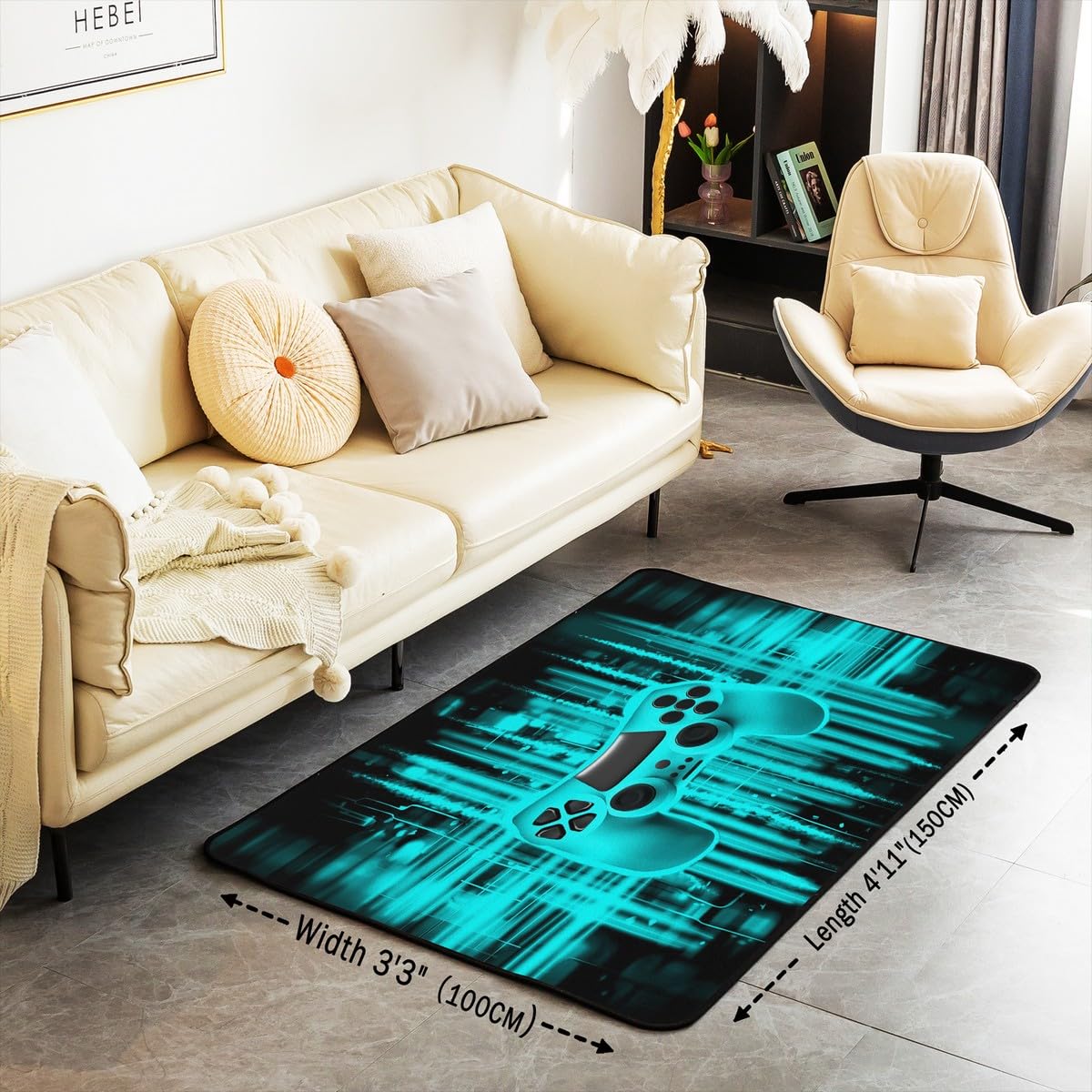 Erosebridal Turquoise Game Console Area Rug 4'11" x 3'3" for Boys Girls Kids Geometric Striped Gaming Carpet Gamer Decorative Washable Rug for Boys,Teal Black