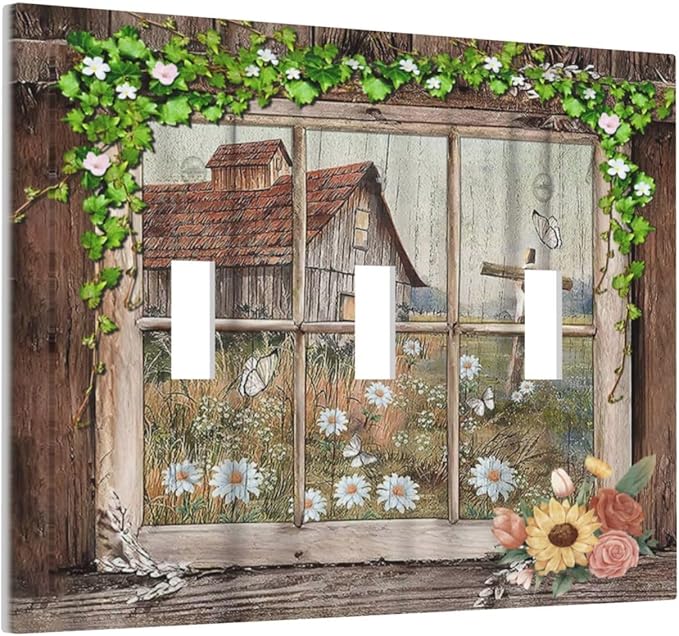 Farm Barn Farmhouse Rustic Country Flower 3 Gang Wall Plates Decorative Triple Toggle Light Switch Cover Electrical Switchplate Unused Decorate Faceplate for Bathroom Home