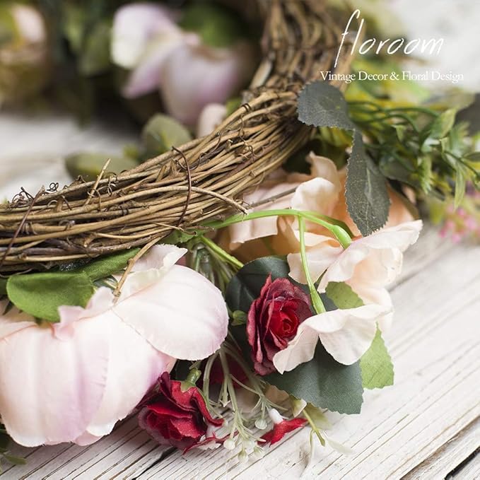 Floroom Floral Wreath, Artificial Peony Wreath, 15"-16" Front Door Decorations Wall Decor