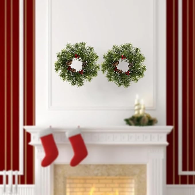 4 Pcs 9'' Christmas Candle Rings Wreaths, Artificial Small Wreath with Red Berry Pinecone for Table top Centerpiece Candle Holder