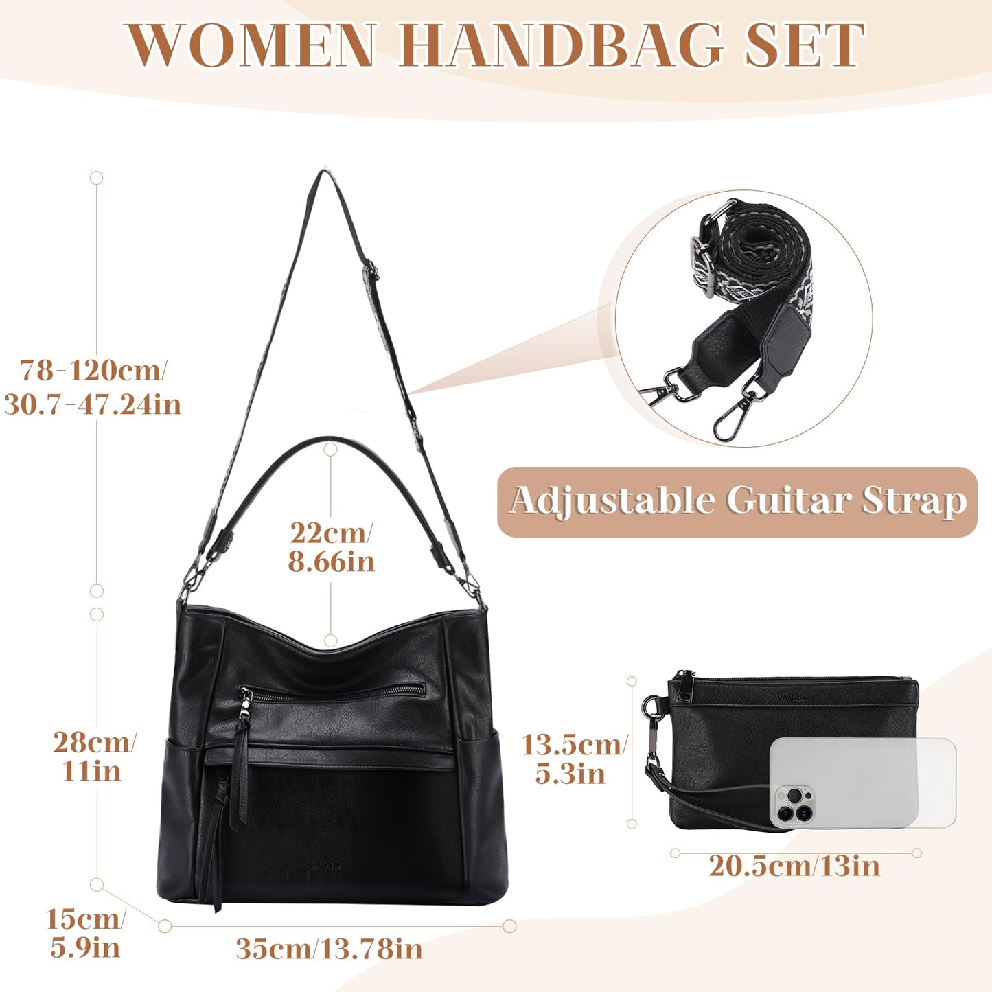 VASCHY Hobo Bag for Women, Roomy Leather Shoulder Purse with Wallet Set, Tote Bag with Guitar Strap, Ideal Gift for Women