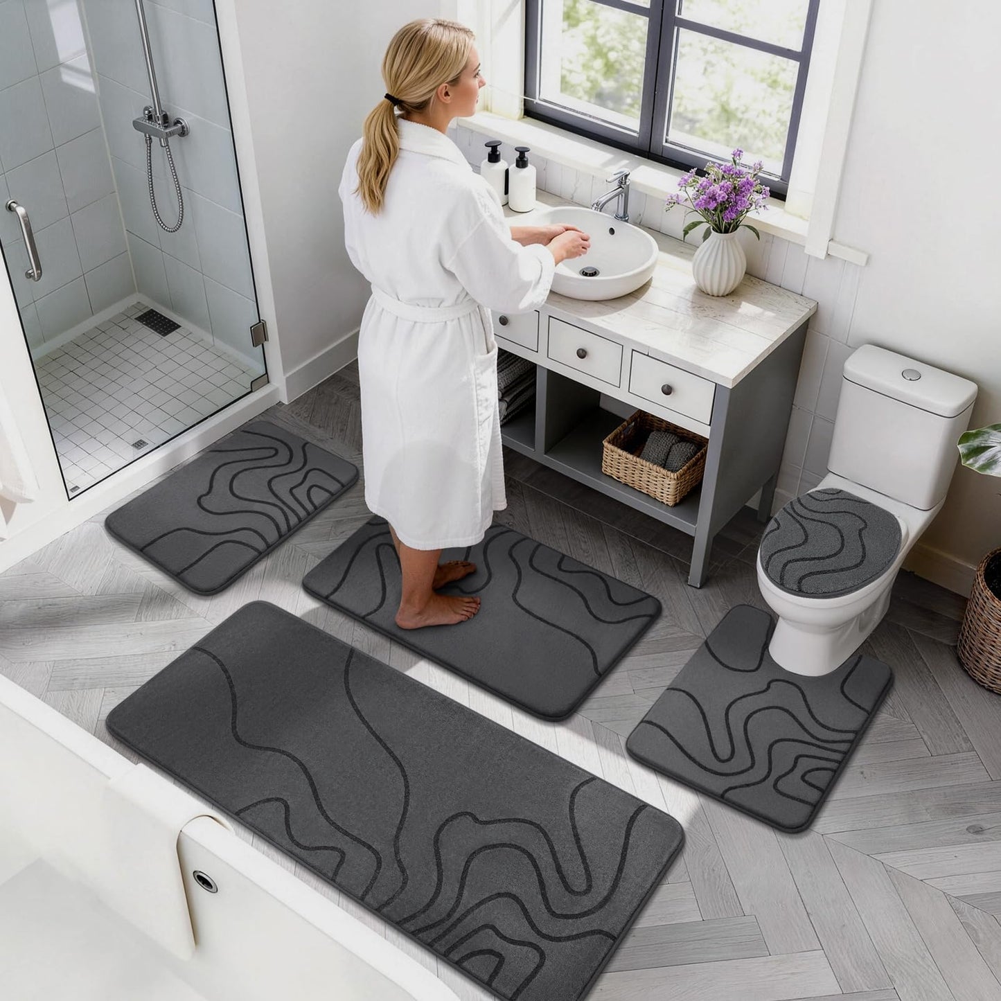 YIHOUSE Memory Foam Bathroom Rugs Sets 2 Piece - Extra Thick Ultra Soft Absorbent Bath Mat Set, Non-Slip Machine Washable Bath Rugs for Bathroom, Tub & Shower, Home Decor (32"x20"+24"x17", Dark Grey)