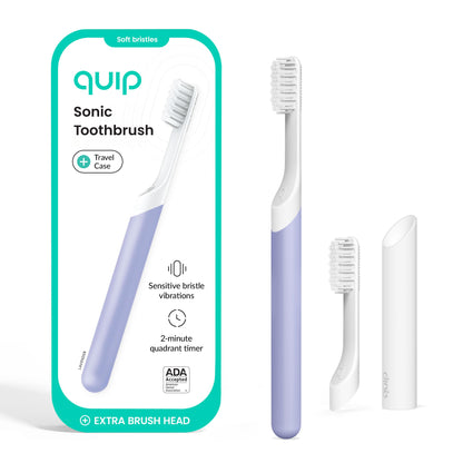 Quip Sonic Electric Toothbrush for Adults - Time Travel & Soft Bristles with Travel Case & Replacement Brush Head - 3 Month Battery Life, Plastic Handle - Magenta
