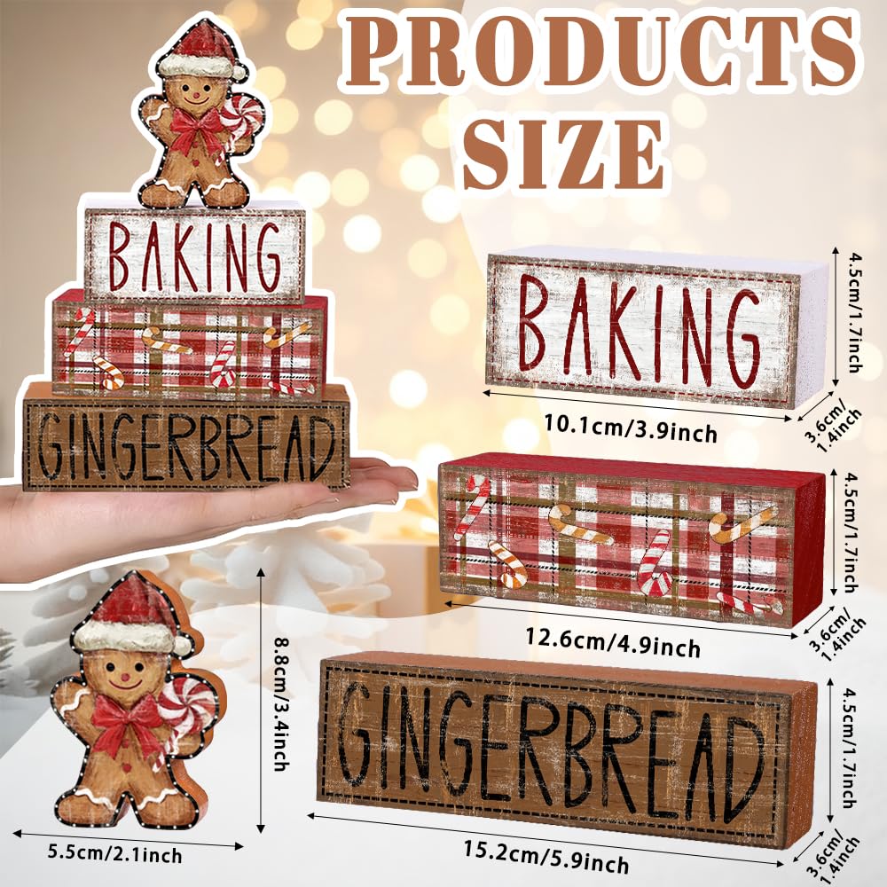 DIYDEC 4Pcs Christmas Table Decoration Gingerbread Man Wooden Block Sign Christmas Tiered Tray Decor Centerpiece Decorative Sign for Xmas Holiday Tabletop Coffee Fireplace Shelf Desk Party Decor