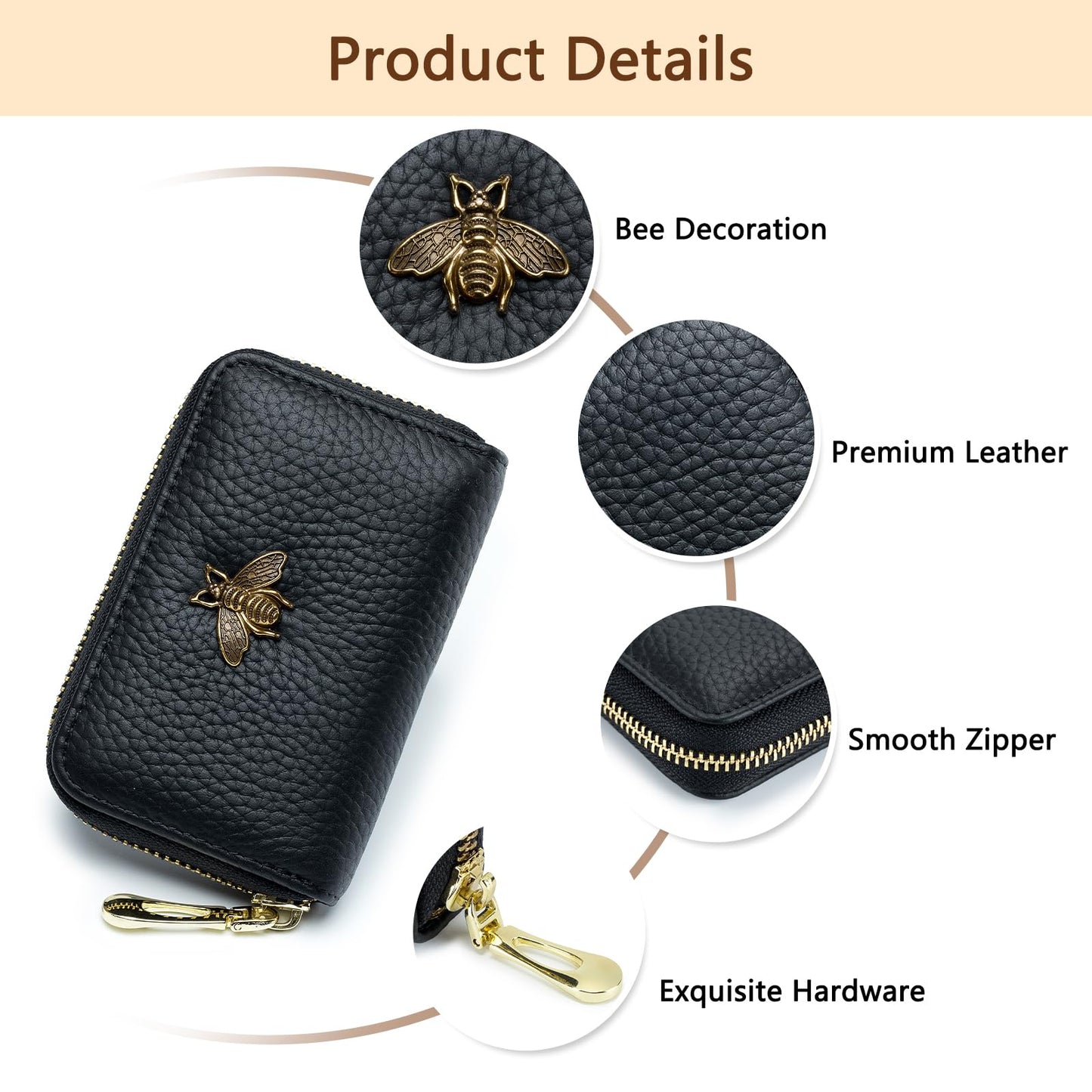 imeetu RFID Credit Card Holder, Small Leather Zipper Card Case Wallet for Women (Lite,Black)