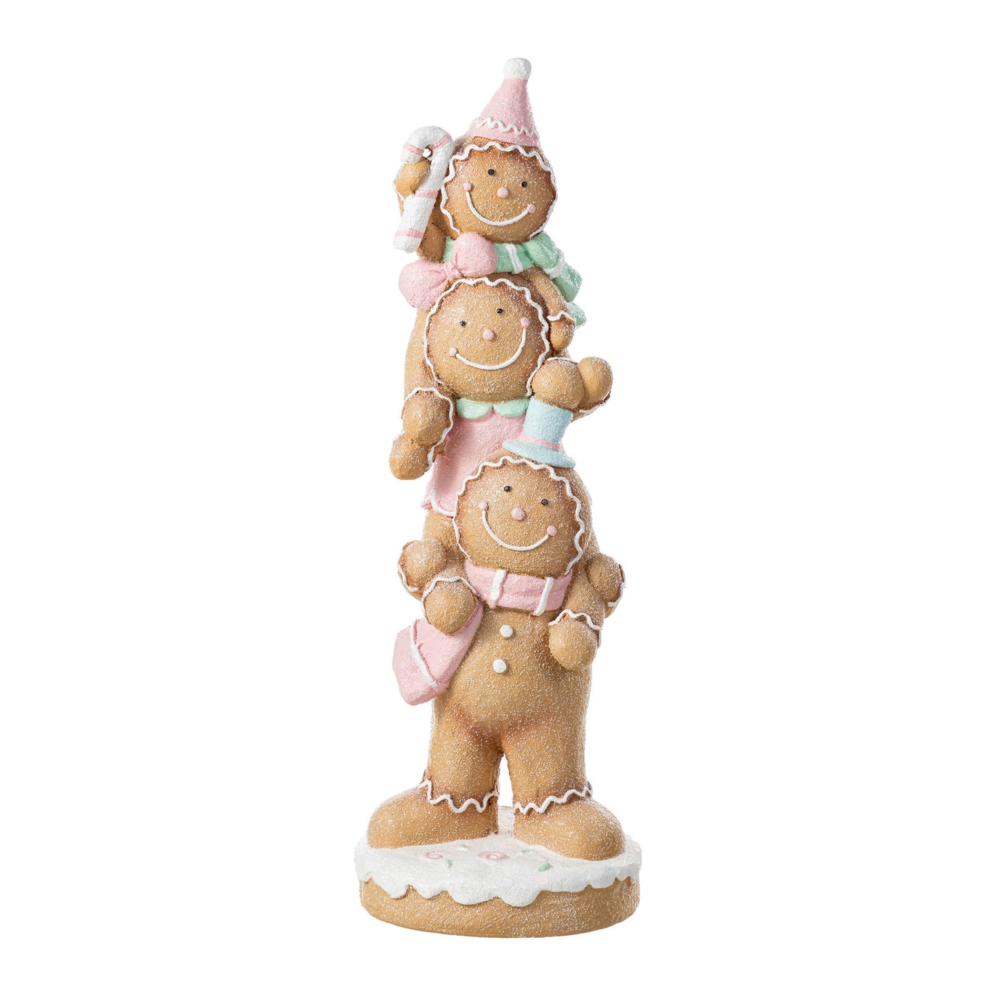 Glitzhome Christmas Gingerbread Man Porch Decor, 29.25" Stacked Macaron Pink Resin Outdoor/Indoor Holiday Yard Statue, Hand-Painted Festive Display for Entryway