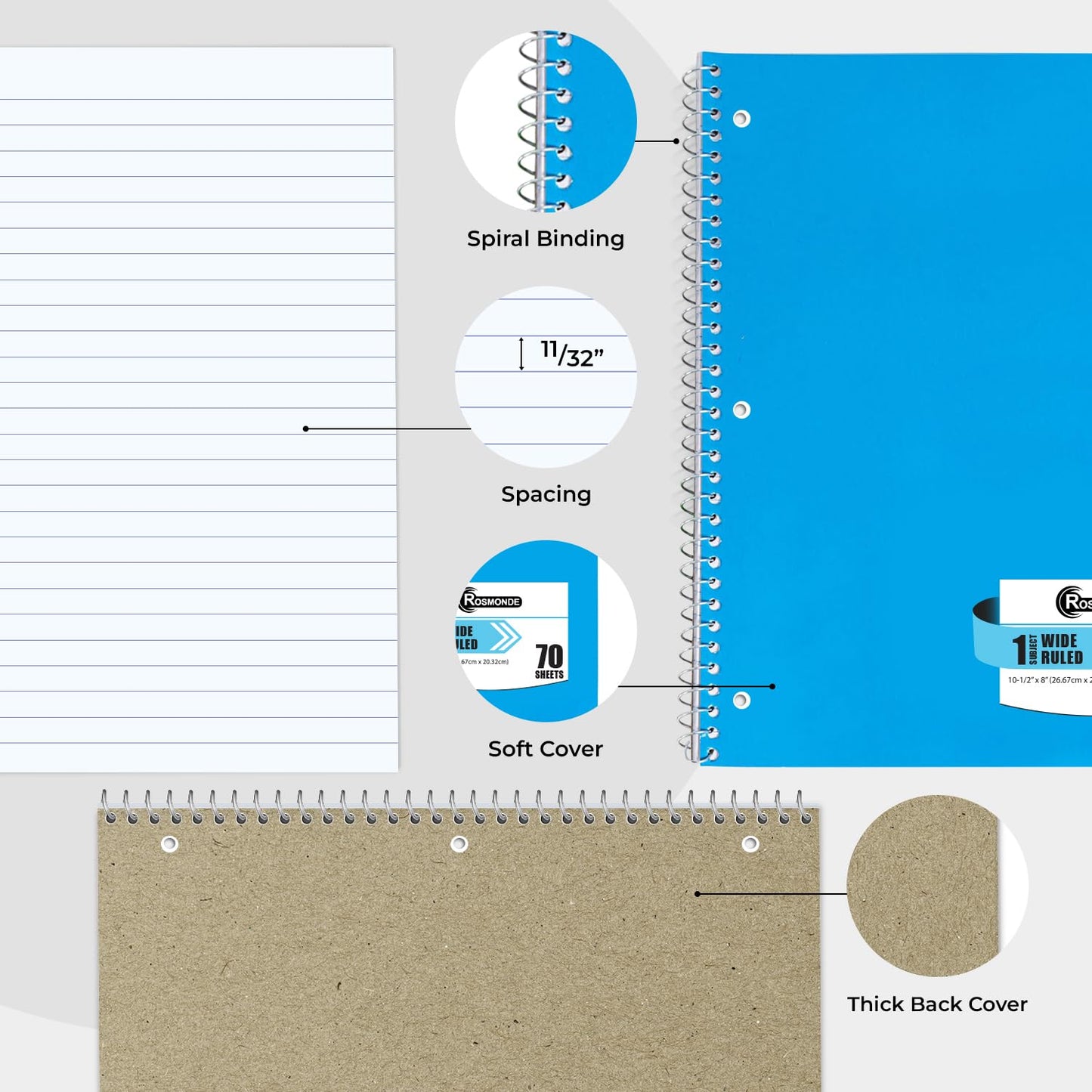 Rosmonde Spiral Notebooks, 24 Pack, 1 Subject Notebook, Wide Ruled, 70 Sheets, 8 x 10-1/2", 3 Hole Punched, School Supplies, Bulk Single Subject Spiral Notebook Bulk, Assorted Colors Pack of Notebooks