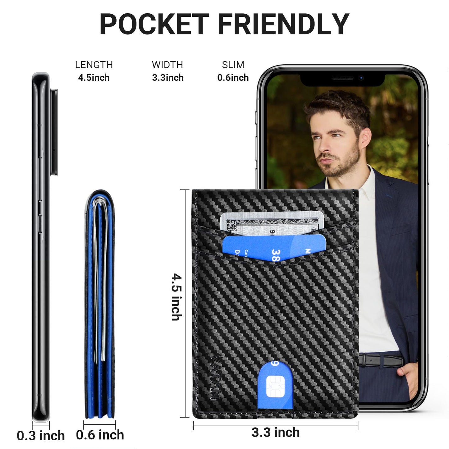 VATAN Wallet for Men Slim RFID Blocking Leather Credit Card Holder Wallet for 15 Cards, Bifold Minimalist Thin Wallet with 2 ID Windows & Cash Slot, With Gift Box (Carbon Black and Blue)