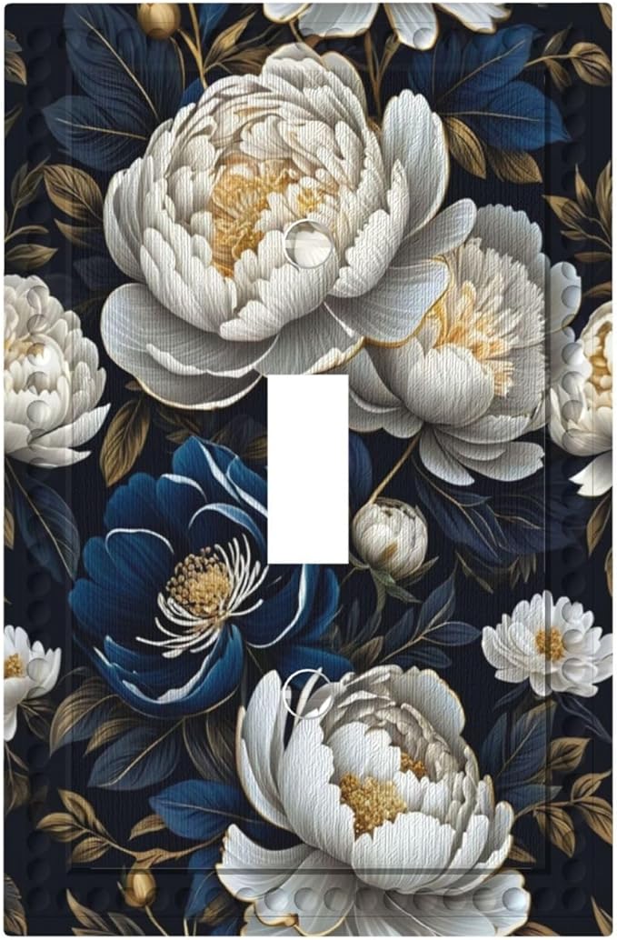 White Gold Blue Flower Light Switch Covers 1 Gang Single Toggle Wall Plate Decorative Switchcover Electrical Switchplate for Country Living Decor