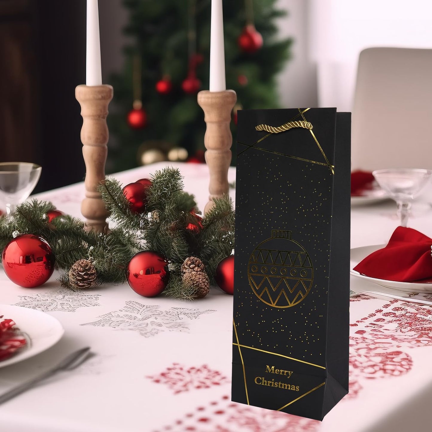 Uptotop Christmas Bottle Bags, 12 Pack Gold Foil Christmas Wine Gift Bags, Xmas Kraft Paper Bags with Rope Handles for Holiday Party Gift Giving