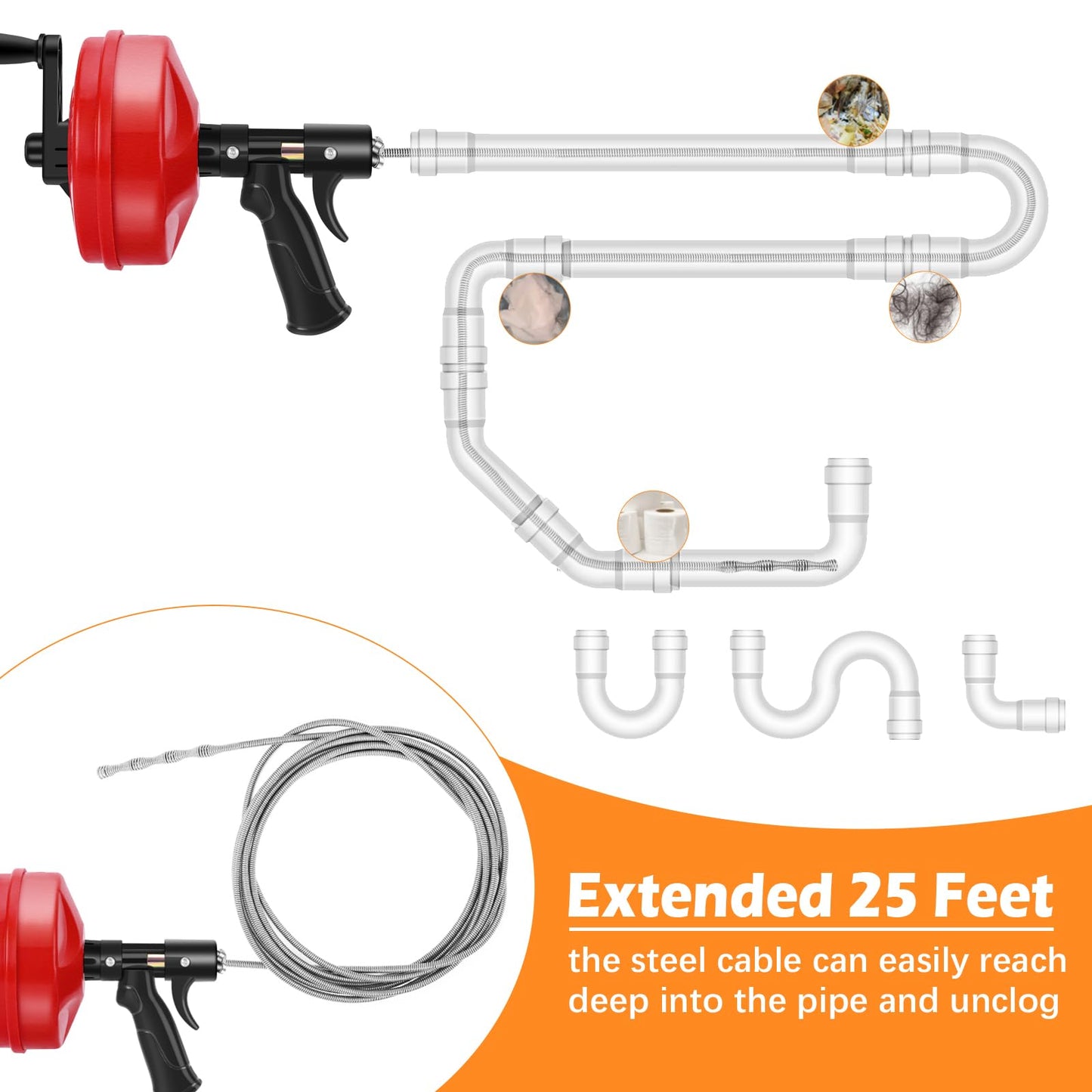 25 FT Plus Double Mode Drain Snake Tools, 13-in-1 Drain Auger for Sink and Drain Unblocking, Plumbing Snake for Kitchen, Bathrom and Shower Sink, Snake for Real DYIs[Upgraded 4.0]