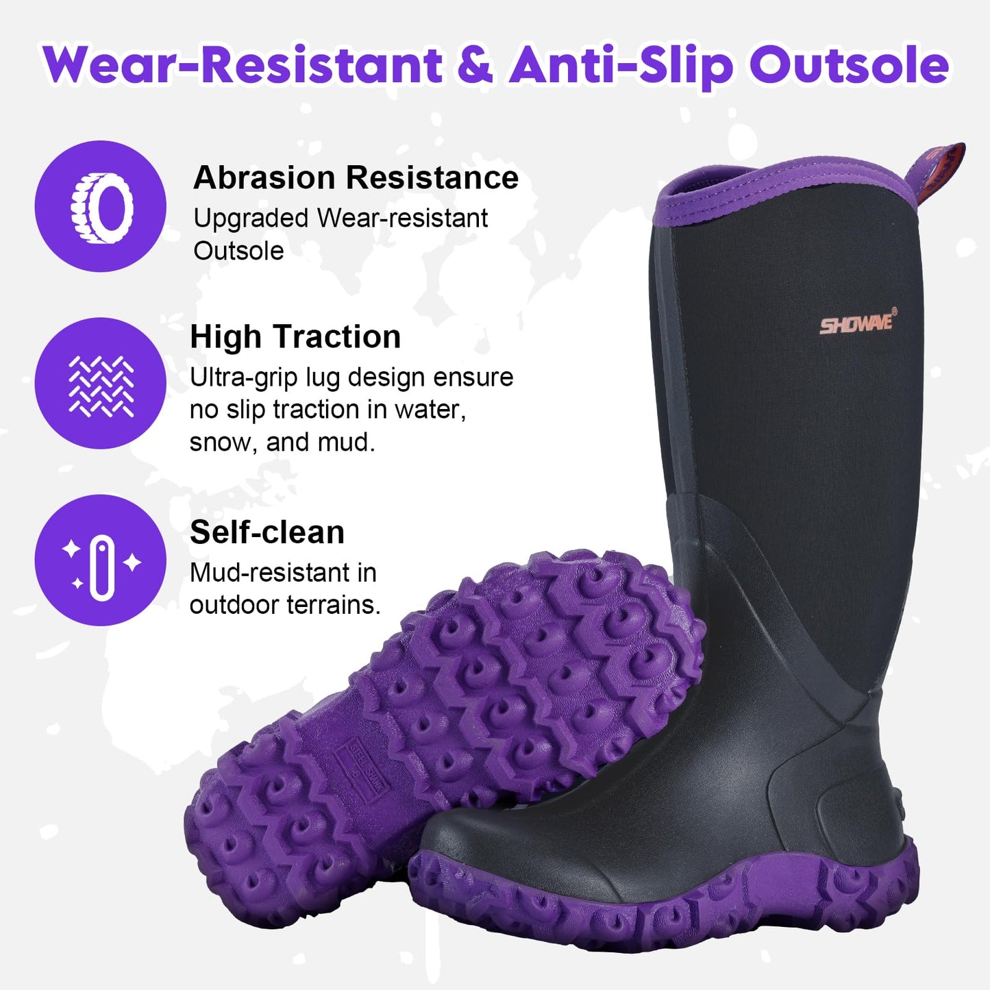 Showave Women's Rain Boots Tall Insulated Rubber Boots for Women Neoprene Waterproof Boot Durable Mud Boot for Gardening Farming Fishing(Purple,Size 7)