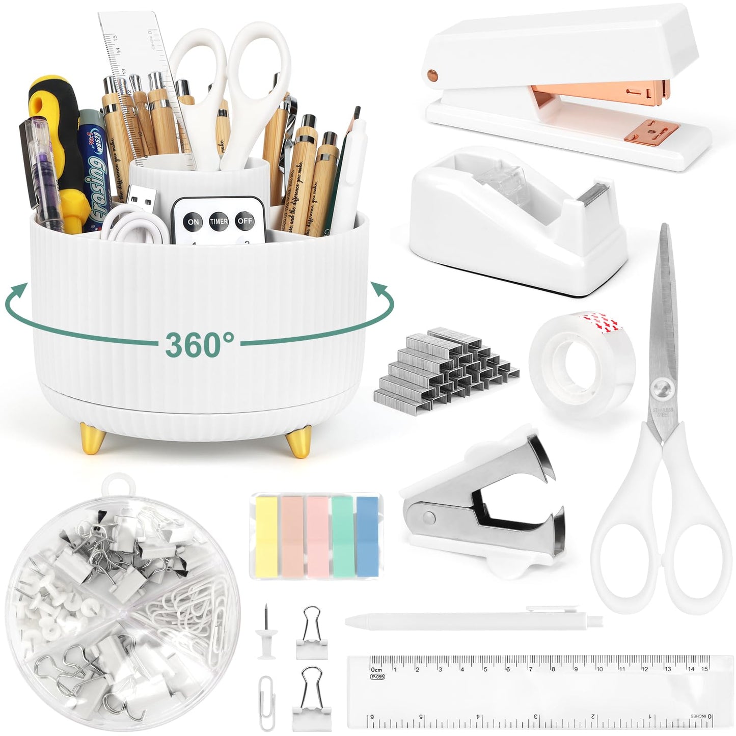 11 Pcs White Desk Accessories, 360 Degree Rotating Pen Holder Set with Stapler Set, Tape Dispenser Set, Scissor, Paper Clips Kit, Pen, Ruler & Sticky Tabs for Office School Home (White)