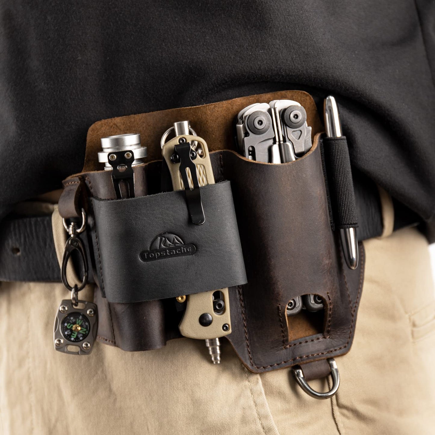 Topstache Leather Multitool Sheath,EDC Belt Organizer for Work and Daily Use,Leatherman Sheath,EDC Pocket Organizer for Flashlight and Multitool,Gifts for Men,Leather Sheath for Multitool