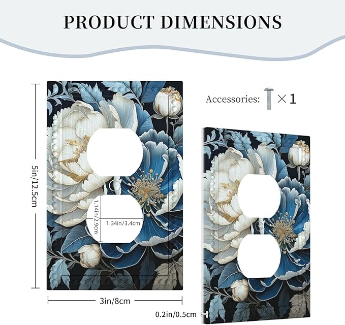 White Blue Flower Peonies Light Switch Cover 1 Gang Outlet Plate Single Duplex Wall Plate Covers Decorative Switchplate Covers Electrical Faceplate for Home Decor