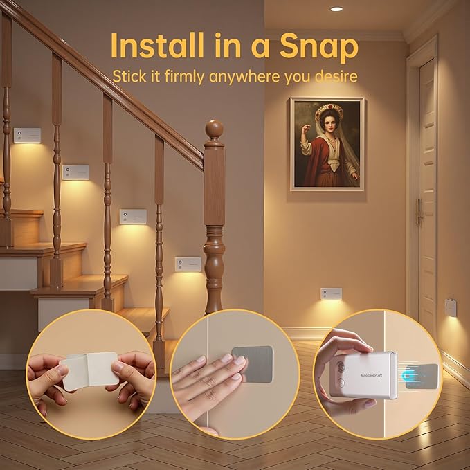 Motion Sensor Stair Night Lights Indoor, Rechargeable Closet Light with Adjustable Brightness and Direction, 3 Pack Wireless LED Light for Basement, Hallway, Bedroom, and Under Cabinet Lighting