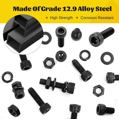 Fgruh 174PCS M6 Screws with Nuts Assortment Kit - M6x8/10/12/16/20/25/30/35 mm Hex Socket Head Cap Bolts with Nuts & Washers Assorted Set - 12.9 Alloy Steel Black Zinc Plated Anti-Rust Hardware Set