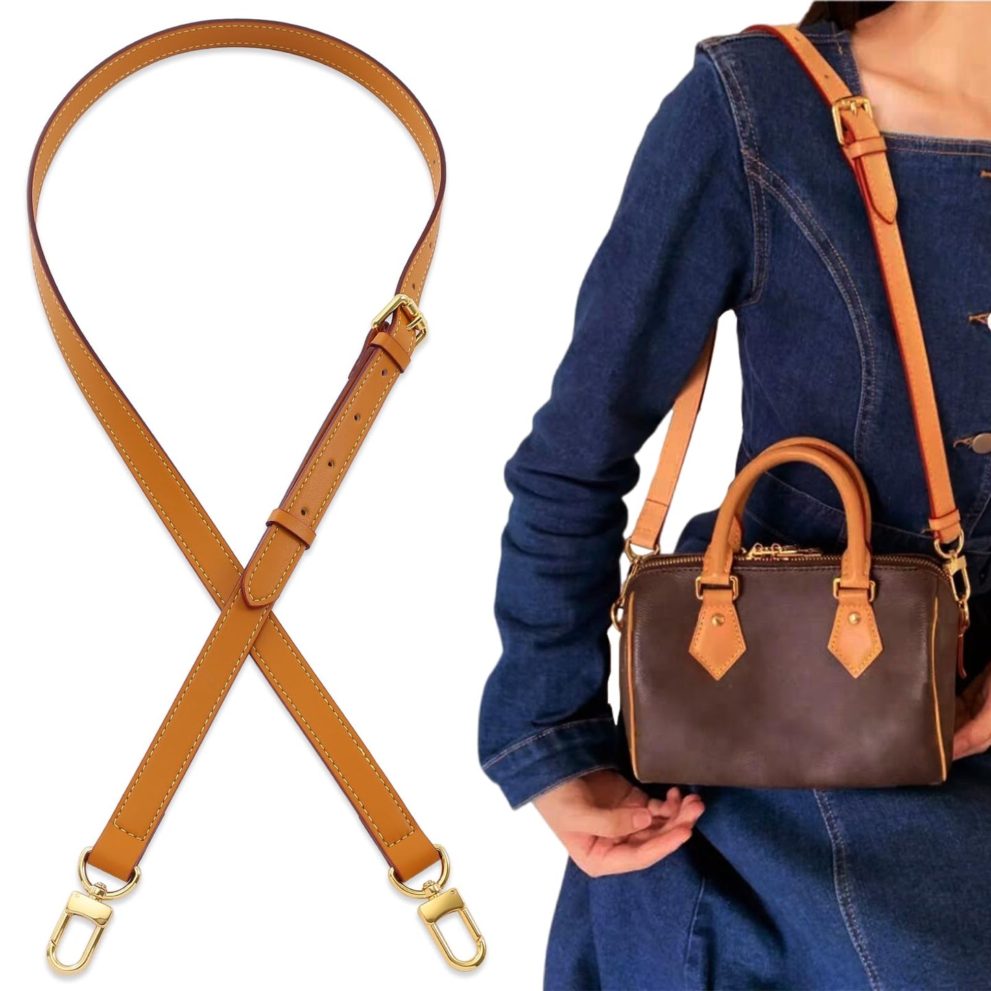 BMBMLV Vachetta Genuine Leather Adjustable Genuine Leather Crossbody Straps Replacement (Honey brown)