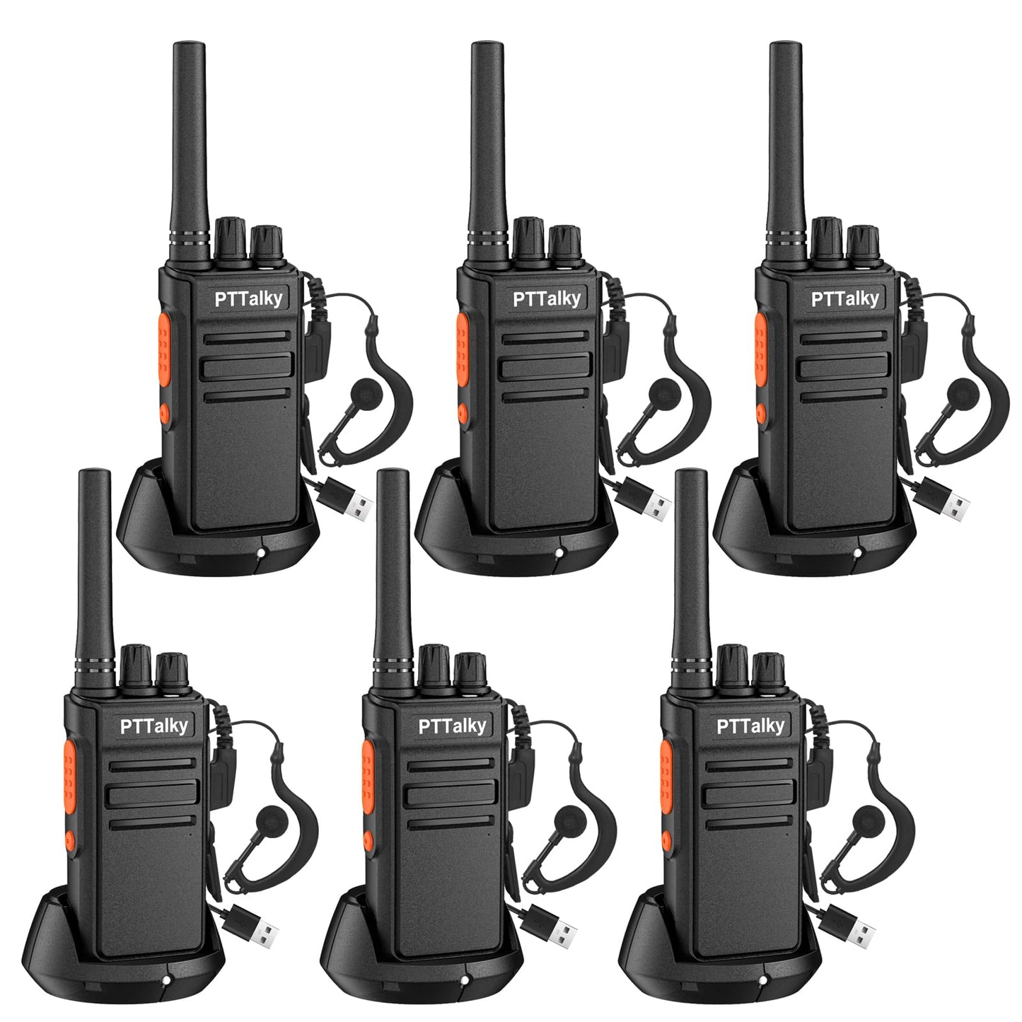 PTTalky FR1 Plus Walkie Talkies Long Range, Hidden Display Rechargeable 2 Way Radio for School Business Warehouse Restaurant (Black, 6 Pack)