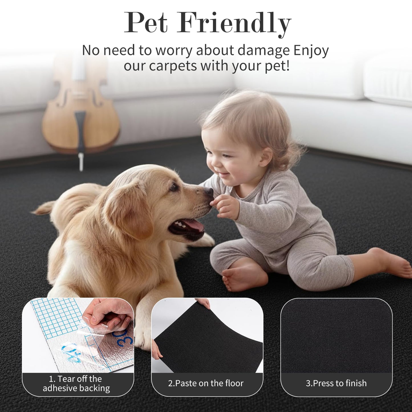 Emaraxy Peel and Stick Carpet Tiles, 12x12 Inch 30 Pack 30 Sq.Ft, 4.5mm Heavy Duty Carpet Squares, Non-Slip Self Adhesive Floor Tiles for Basement, Office, Living Room, Bedroom, Pet Area, Black
