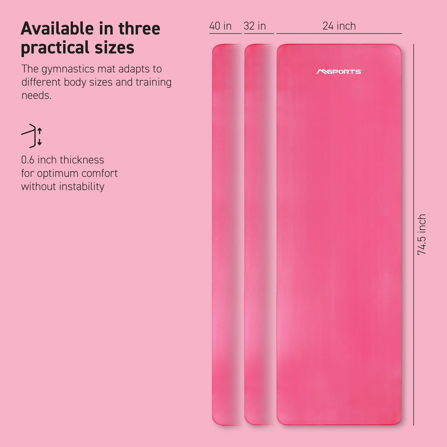 MSPORTS Thick Yoga Mat Non Slip – Extra Comfortable Exercise Mat for Home Workouts, Pilates, Stretching & Gym – Cushioned NBR Foam, Yoga Mat with Strap, for Women & Men (Pink, 74.5 x 40 x 0.6 in)