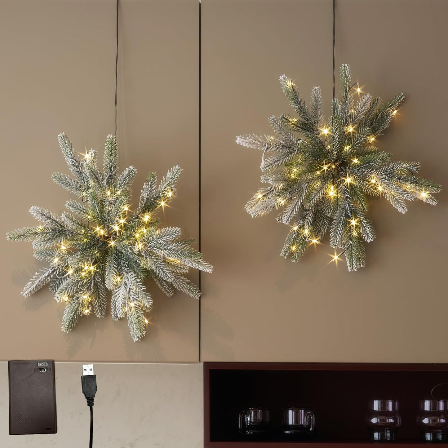 Hairui Lighted Pine Snowflake Lights with Timer Battery Operated and USB Plug in 2 Pack, Pine Branch with Lights 16IN 60 LED for Wall Window Door Christmas Decoration Indoor Outdoor