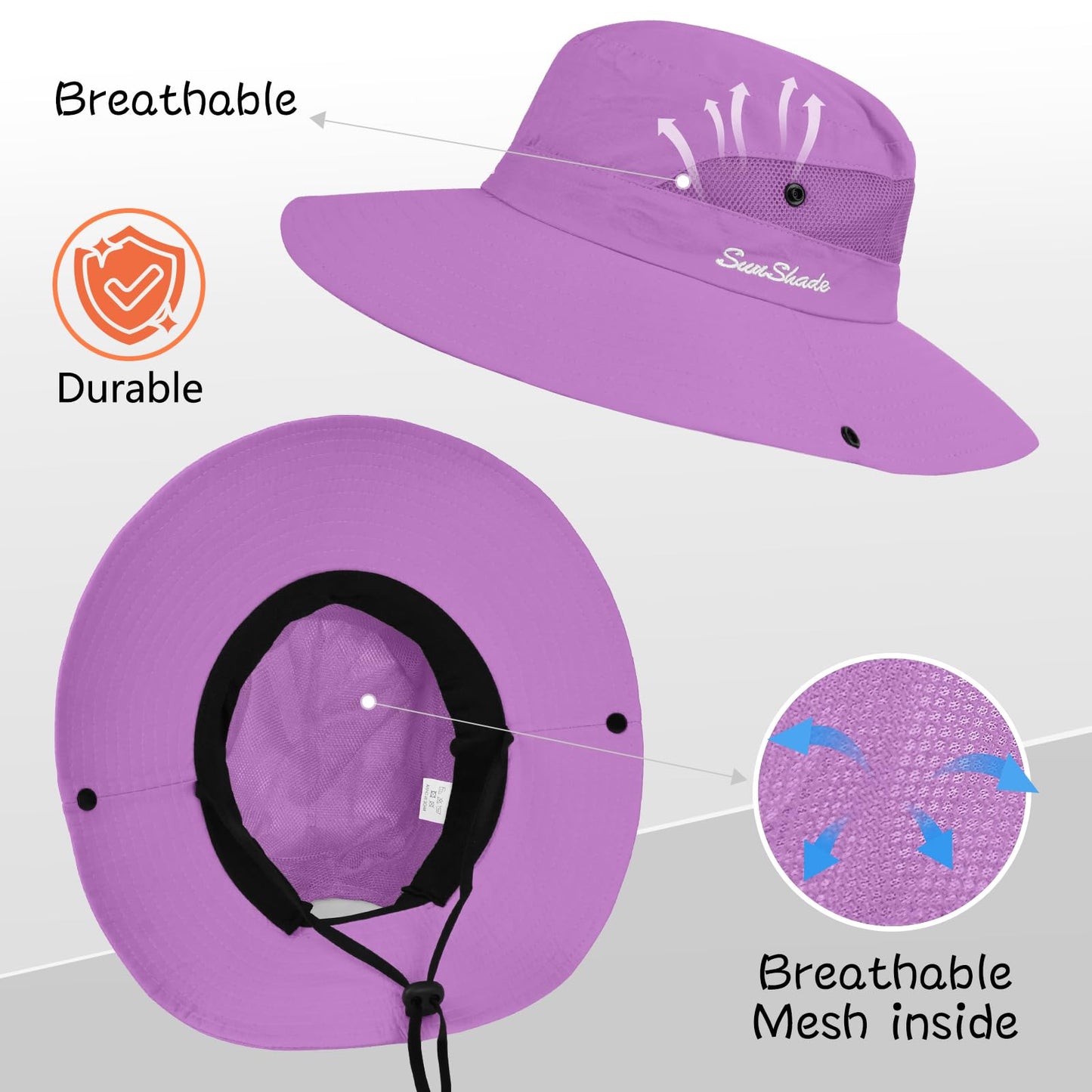ZOORON Women's Ponytail Safari Sun Hat,Wide Brim UV Protection Outdoor Bucket Hat,Foldable Beach Summer Fishing Hat