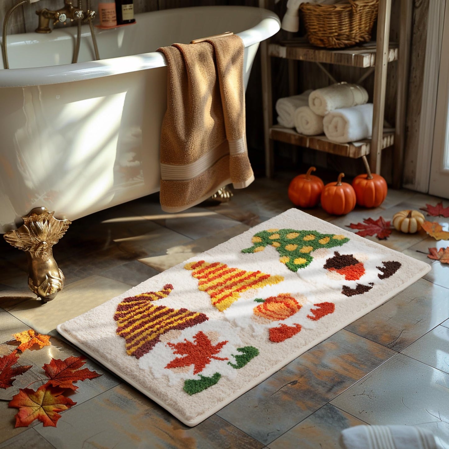 ELDONE Fall Bathroom Decor Gnomes Rug with Pumpkin Maple Leaf, Cute Autumn Non-Slip Rug for Thanksgiving Home Decor, Funny Bath Mat for Bedroom Kitchen, 30" x 20"