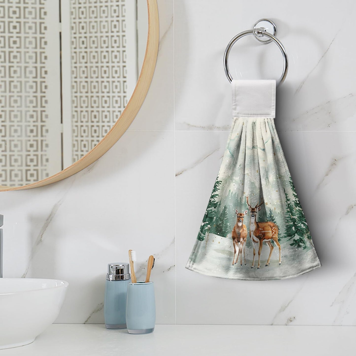 Rustic Farmhouse Winter Hanging Hand Towels with Loop - Pine Trees Xmas Deer Kitchen Dish Towels Absorbent Soft Fast Drying Set of 2