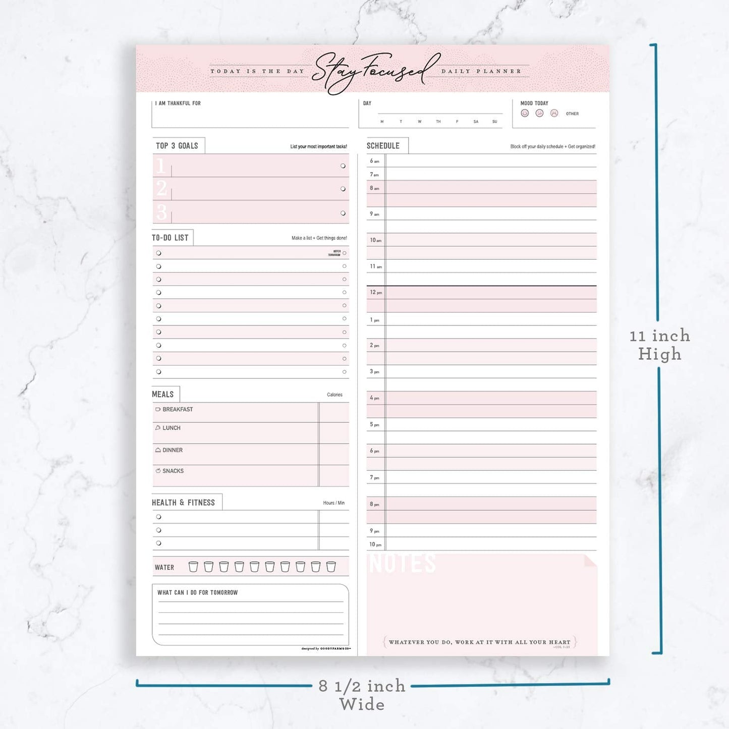 Daily Notepad Planner To Do Schedule - Stay Focused 50 Tear off Premium Made USA (Rose Pink)