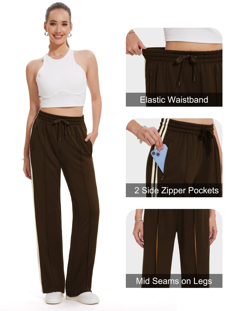 Tapata Long Womens 32" Inseam Track Pants Relaxed Fit Striped Workout Sweatpants Baggy Trousers with Zipper Pockets, Brown, L