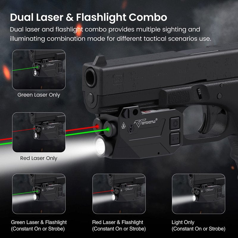 Votatu H1L-GB Laser Light Combo, 3 in 1 Strobe Green Blue Laser Sight with 750 Lumen Strobe Weapon Light for Pistol, Laser Beams for Handgun Picatinny Mount, Magnetic Rechargeable
