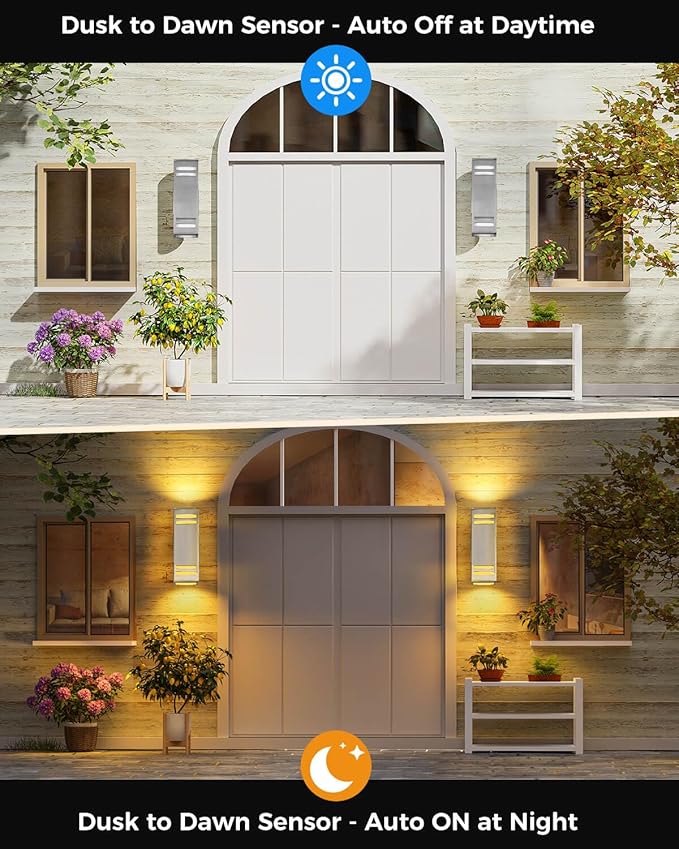 SHIMR Dusk to Dawn Outdoor Lighting 2 Pack, Up and Down Lights Stainless Steel Exterior Light Fixture with Photocell Sensor, Waterproof Modern Outside Lights for House Garage Porch, LED Bulbs Included