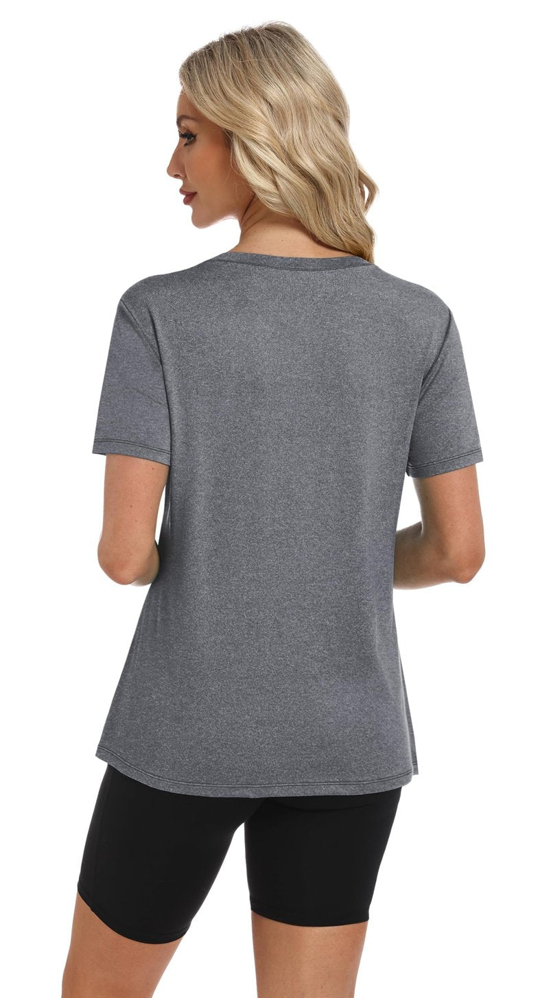 NIASHOT Summer Tops for Women 2025 Short Sleeve Workout Clothes Athletic Shirts Pilates Outfits Camisetas Deportivas para Grey L