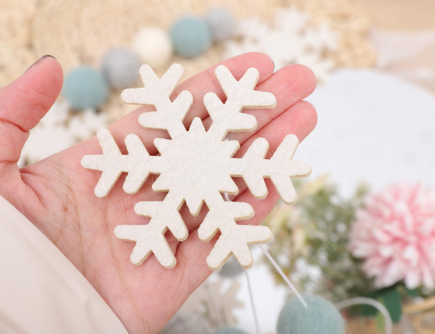Snowflake Felt Ball Garland - Winter Birthday Home Decorations,Frozen Snowflake Garland Photo Props,Winter Wonderland Felt Ball Banner,Felt Snowflake Mantel Wall Hanging Decoration