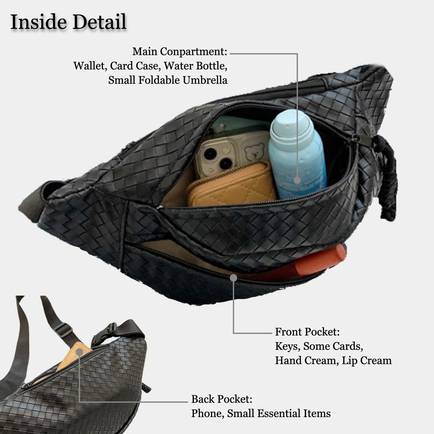Woven PU Leather Fanny Packs for Men and Women, Stylish Shoulder Sling Crossbody Purse Adjustable Strap, Unisex Bum Waist Bags for Festival Travel Shopping Outdoor (Black, Medium)