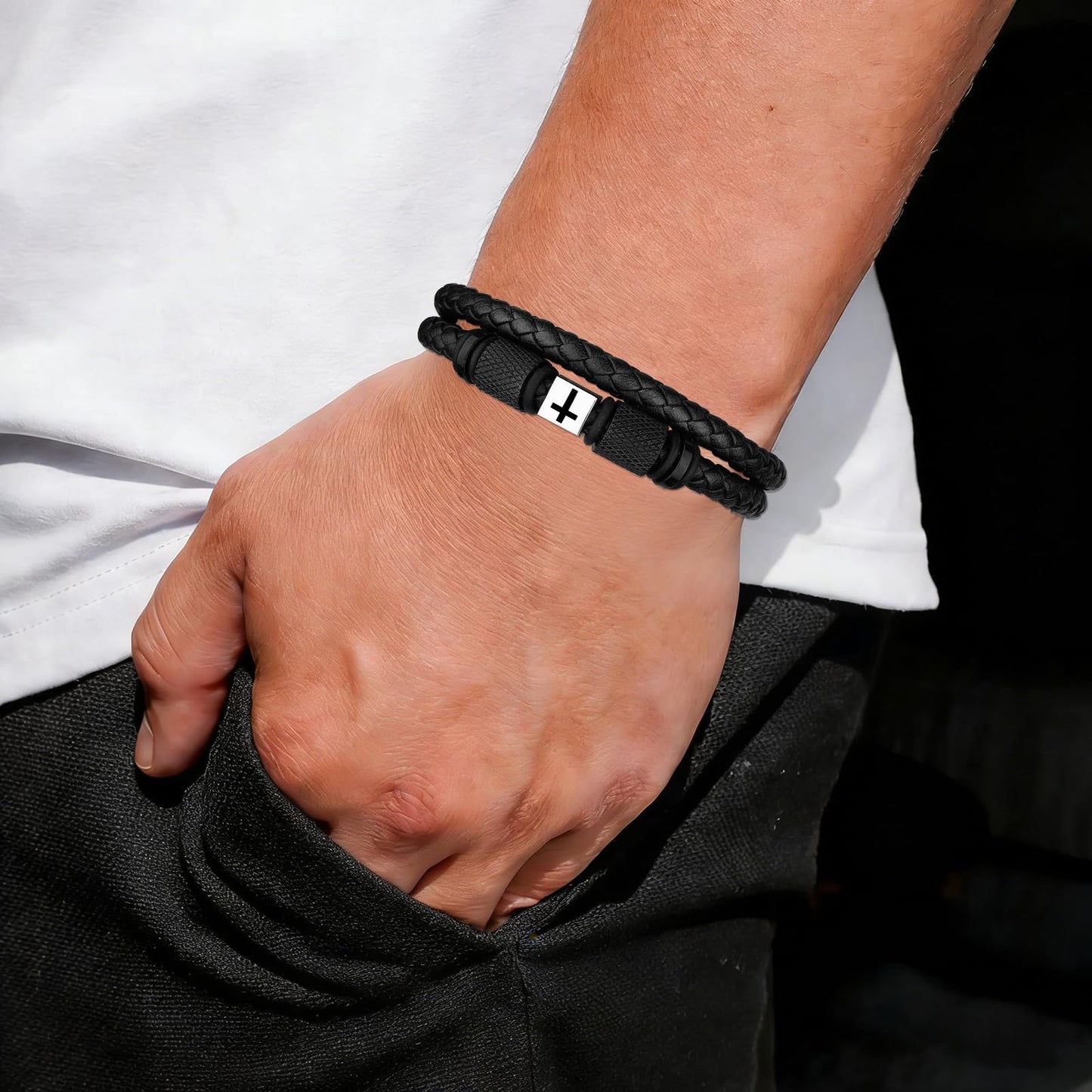 Leejory Christian Cross Bracelet for Men, Double-Row Braided Genuine Black Leather Multi-layer Cuff Bracelet Adjustable Wristband, Catholic Religious Jewelry Baptism Easter Gifts for Young Men Teenage