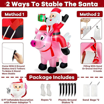 6 Ft Christmas Inflatable Outdoor Decoration, Blow Up Santa Claus Riding Flying Pig with Built in LEDs Lights,Christmas Inflatables with Gift Box for Farm Yard Garden Lawn Outside Indoor Holiday Party