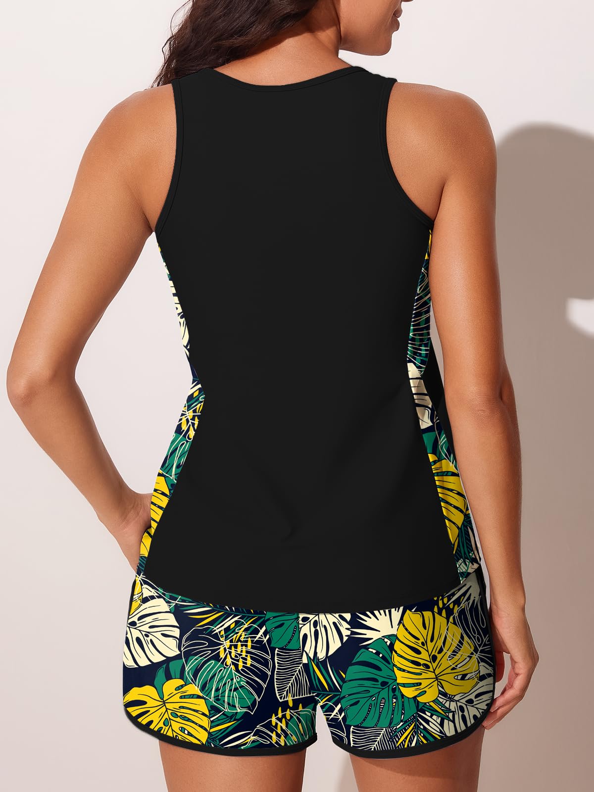 Summer Mae Blouson Tankini Swimsuits for Women 2026 Tummy Control Two Piece Bathing Suits with Sporty Pockets Swim Shorts Yellow Green Monstera Size 12